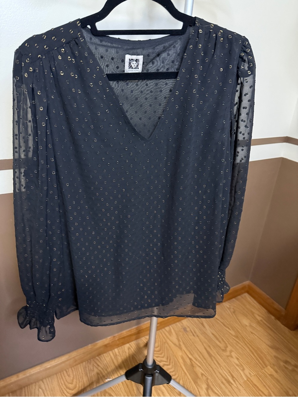 Anne Klein Black Sheer V-Neck Blouse with Metallic Dots NWOT